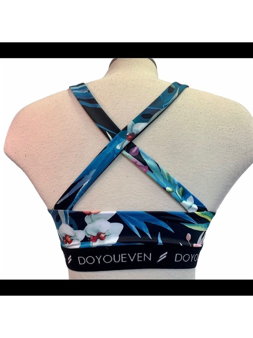 DOYOUEVEN black multicoloured floral tropical crisscross back sports bra Sz L - Picture 6 of 10